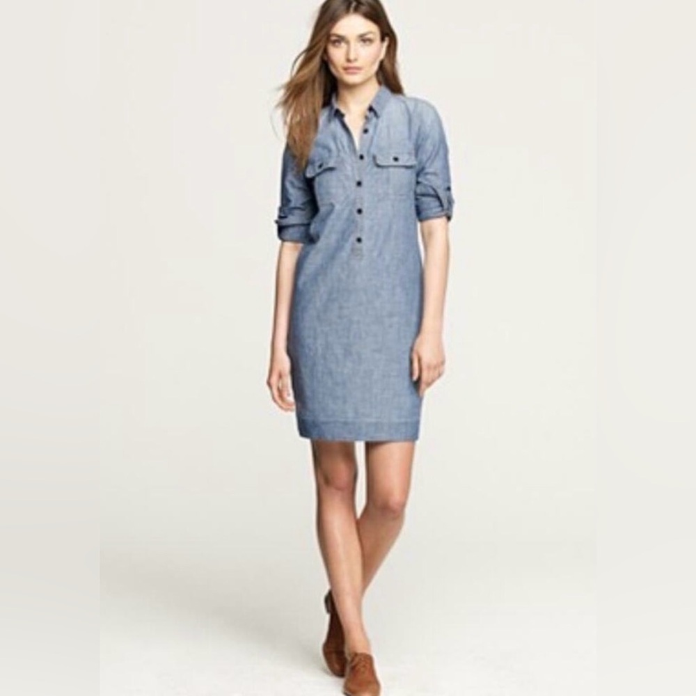 J. Crew Popover Chambray Mini Shirt Dress Blue Denim Tunic Mini Dress Top 0